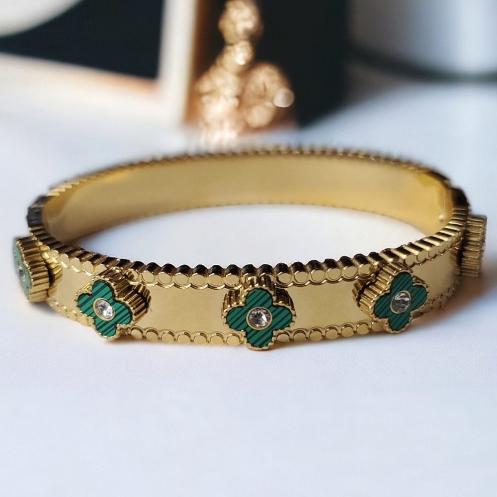 Gold Clover Malachite Zircon Bangle Bracelet - Picture 2 of 4